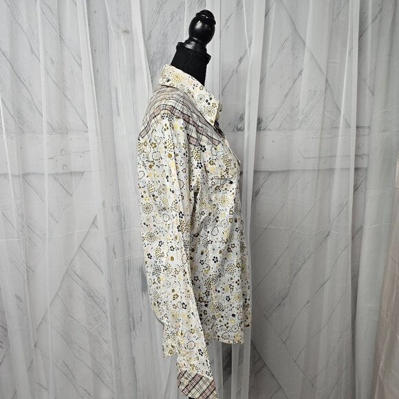 Spy Henry Lau Yellow Blue Floral Plaid Western Button Down Blouse Size L - Picture 5 of 13